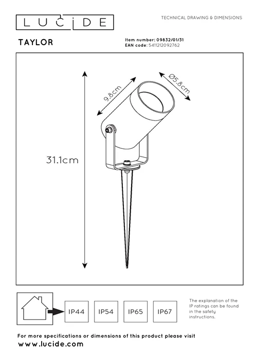 Lucide TAYLOR - Spot de jardin - Ø 10 cm - 1xGU10 - IP65 - Blanc - technique